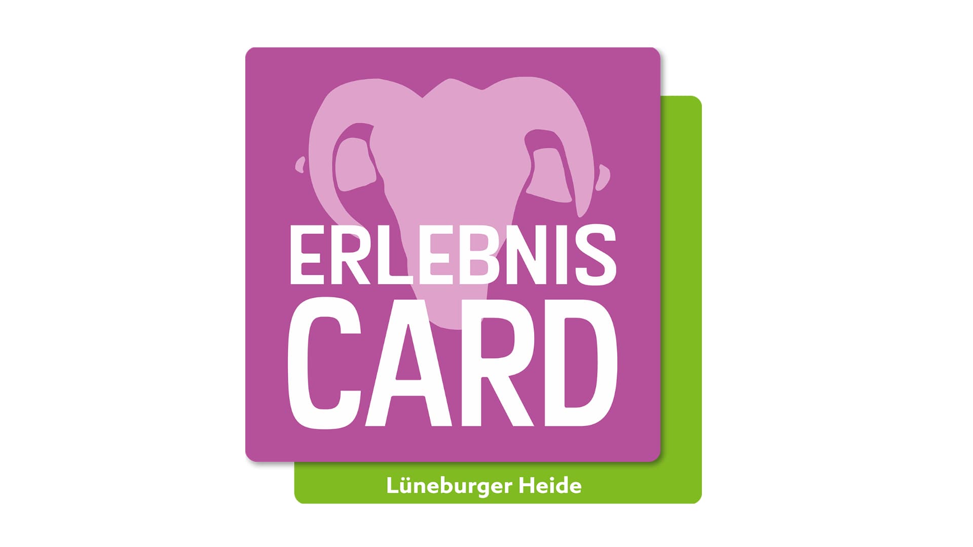 Logo der ErlebnisCard Lüneburger Heide mit stilisiertem Heidschnucken-Kopf in Pink und Grün.