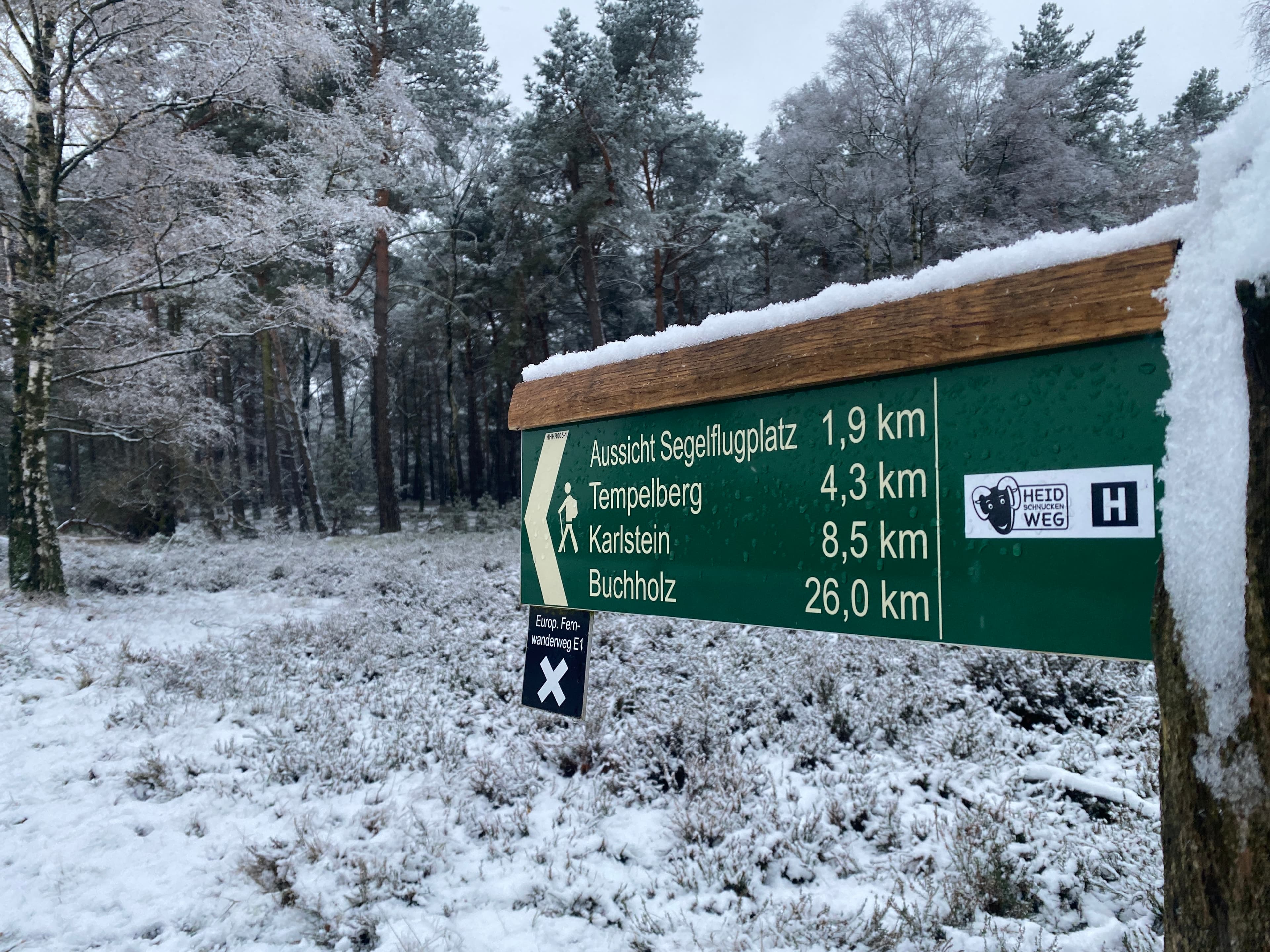 Schnee im Winter auf dem Heidschnuckenweg in der Fischbeker Heide